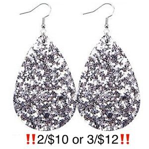 Silver Glitter Faux Leather Teardrop Shaped Earrings